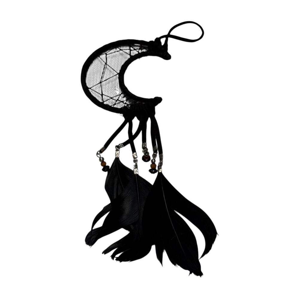 Black Crescent Moon Dream Catcher Black Feathers Boho Gothic Decor - Picture 2 of 8